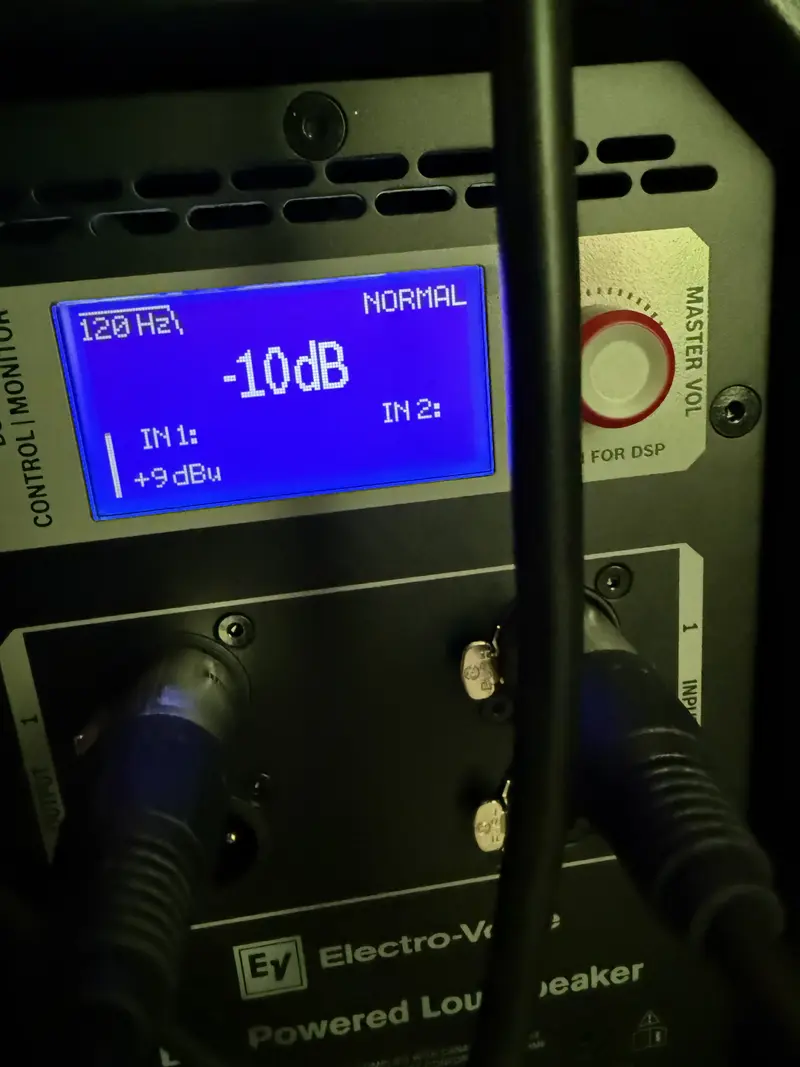 EV subwoofer DSP panel showing professional audio processing controls