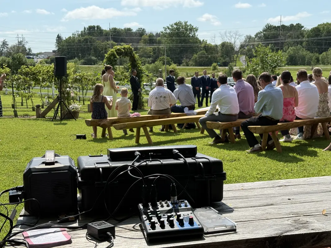 Wedding ceremony sound system setup at a vineyard in Minnesota