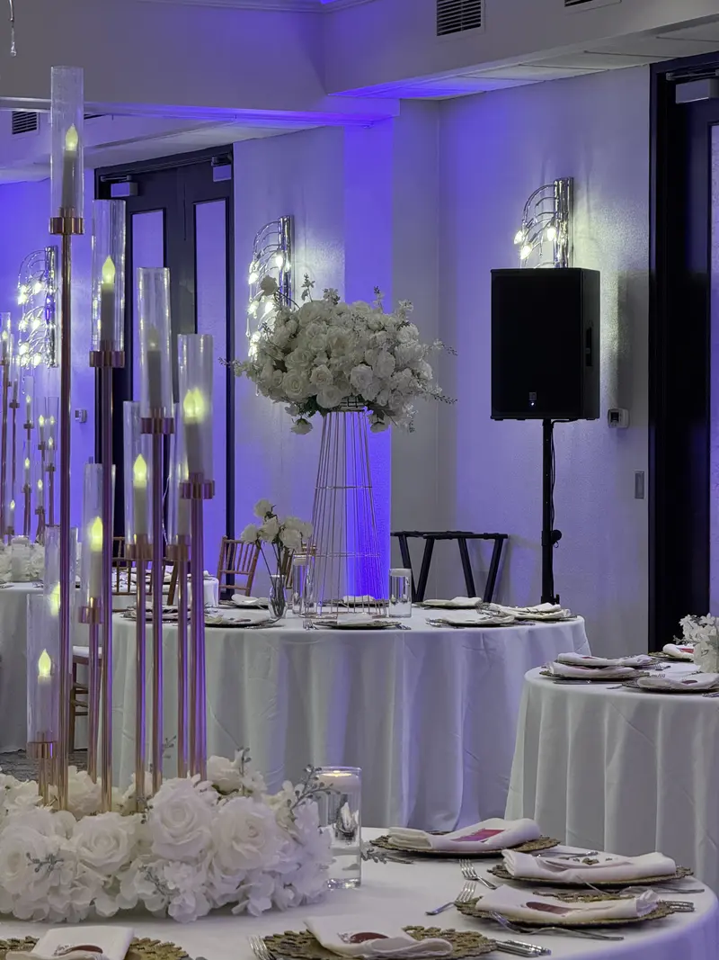 Wedding reception with LED pillars, speakers, and moving head lights