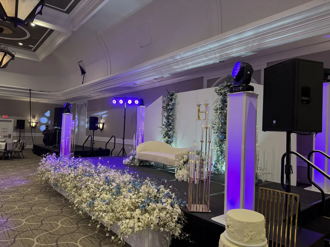 Speaker and subwoofer rental setup at a ballroom event in Minnesota