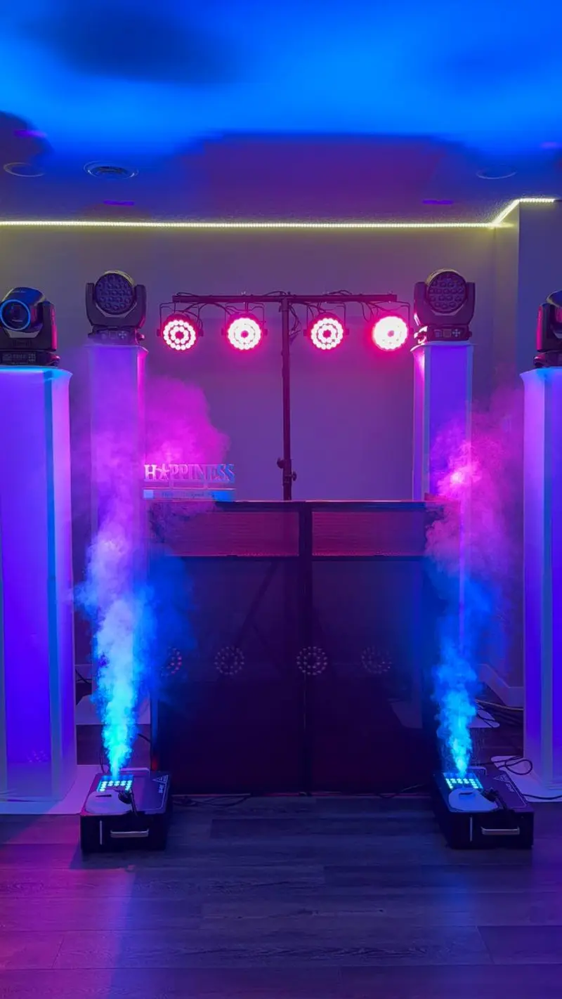 Cold spark machines and fog effects with LED lighting at a party