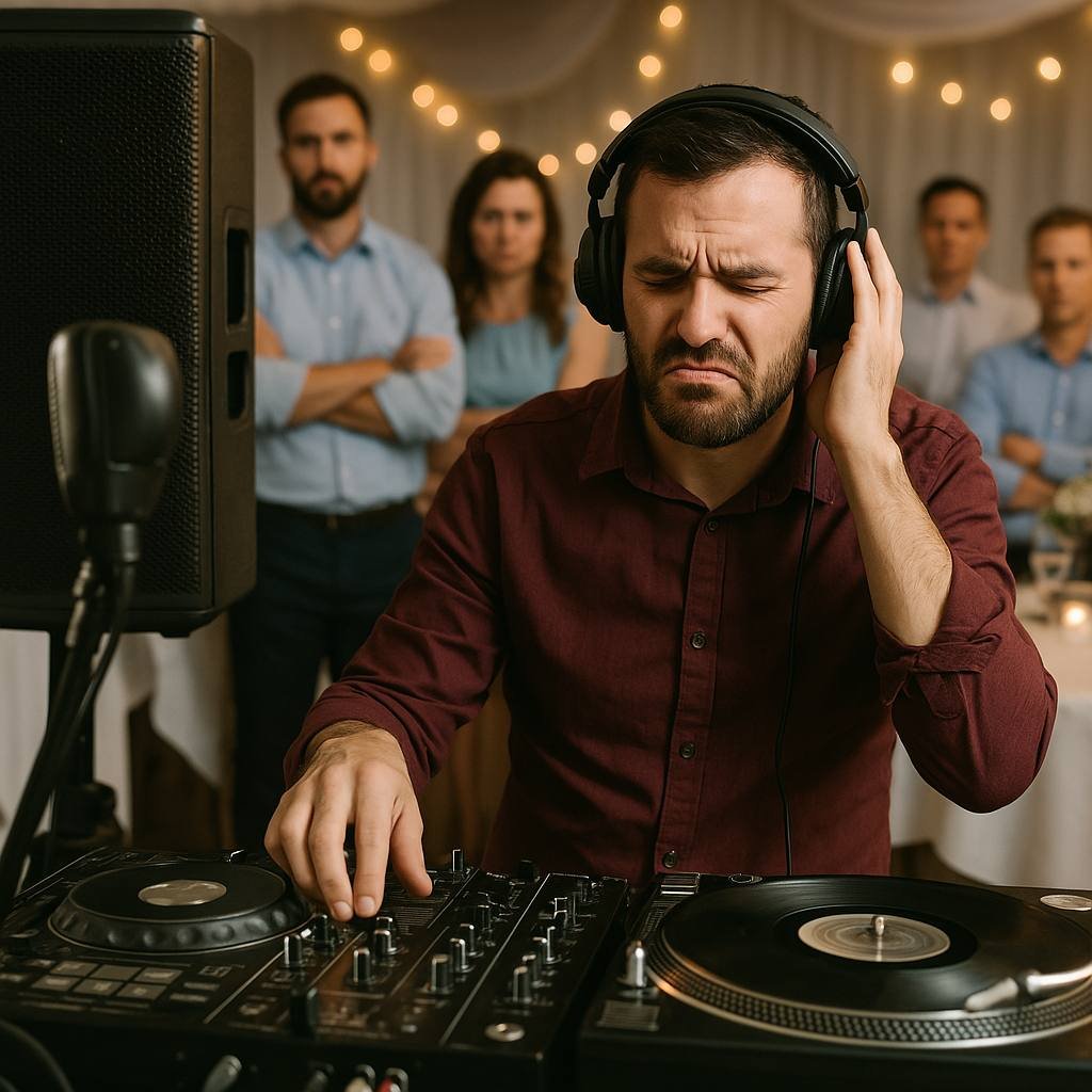 A DJ struggling with poor audio equipment, representing the risks of bad event sound.