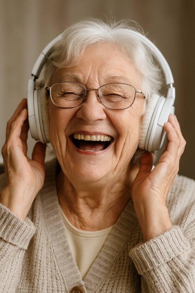 An elderly woman enjoying music, illustrating the emotional power of event sound.