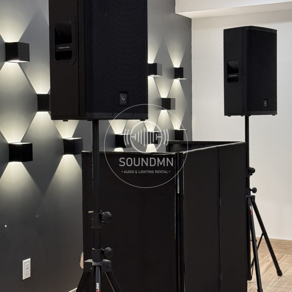 event sound and lighting rental package Minnesota – 2 speakers, microphones, setup included